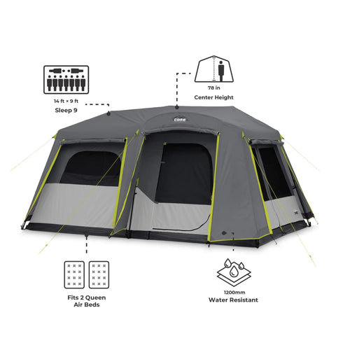 Core 9 Person Instant Cabin Tent with Full Rainfly – Enhanced Weather Resistance, Quick Setup