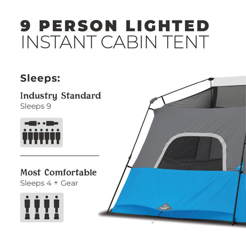 Core 9 Person Lighted Instant Cabin Tent 14 x 9 - Illuminated Family Tent