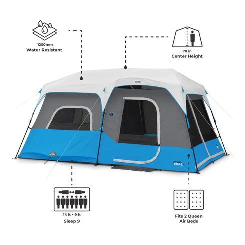 Core 9 Persons Lighted Instant Cabin Tent 14 x 9 – Illuminated Family Tent with Built - In LED Lighting