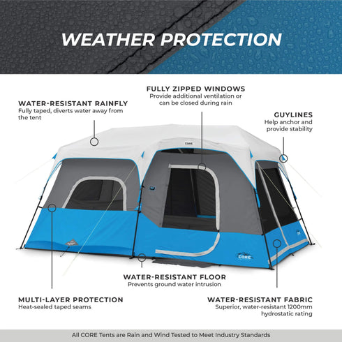 Core 9 Persons Lighted Instant Cabin Tent 14 x 9 – Illuminated Family Tent with Built - In LED Lighting