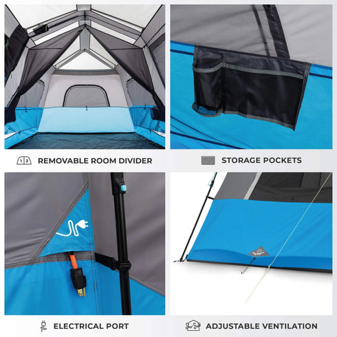 Core 9 Persons Lighted Instant Cabin Tent 14 x 9 – Illuminated Family Tent with Built - In LED Lighting