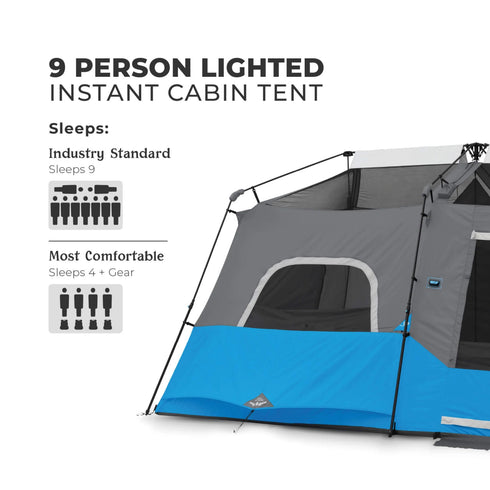Core 9 Persons Lighted Instant Cabin Tent 14 x 9 – Illuminated Family Tent with Built - In LED Lighting
