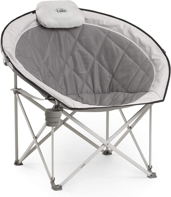 CORE Oversized Padded Round Camp Chair, a spacious, cushioned saucer-style chair for ultimate comfort while camping.