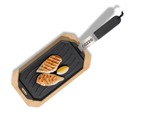 Cozze Cast Iron Pan with Bamboo Serving Tray, 33 x 16.5 cm Pizza Oven and Grill Pan with Detachable Handle