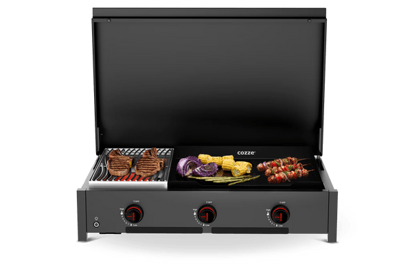 Cozze Combo 900 Gas Plancha and Grill, 3 Burner Outdoor Griddle with Infrared Grill Zone and Cast Iron Plate
