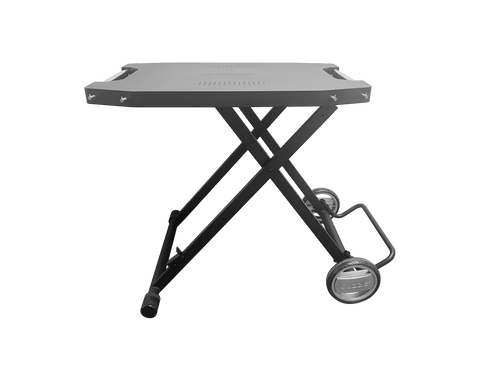 Cozze Foldable Outdoor Table, Black Powder Coated Steel Cooking Table with Wheels and Tool Hooks for Pizza Ovens