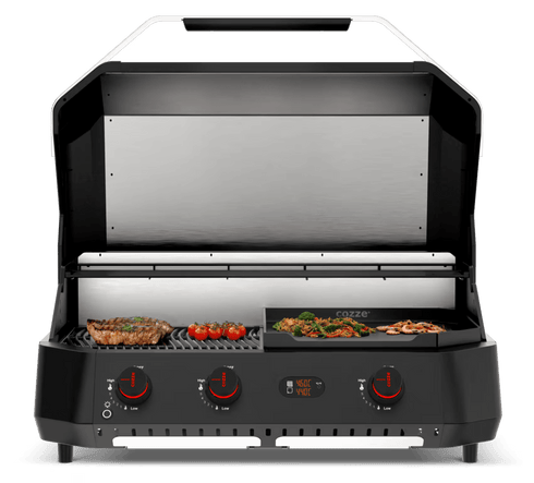 Cozze G-800 Combo Plancha Grill with Lid, 3 Burner 9.5 kW Gas Grill and Griddle with Two Digital Thermometers