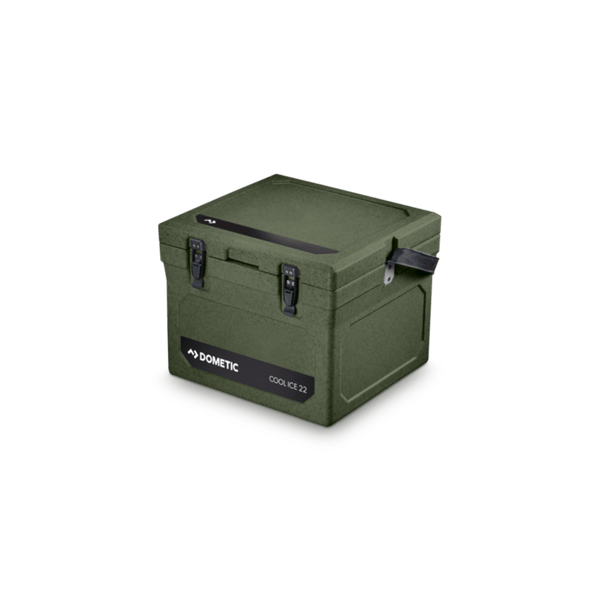 Dometic WCI 22 Green Passive Cooler, a compact, sustainable, green-colored cooler for food and beverage travel storage.