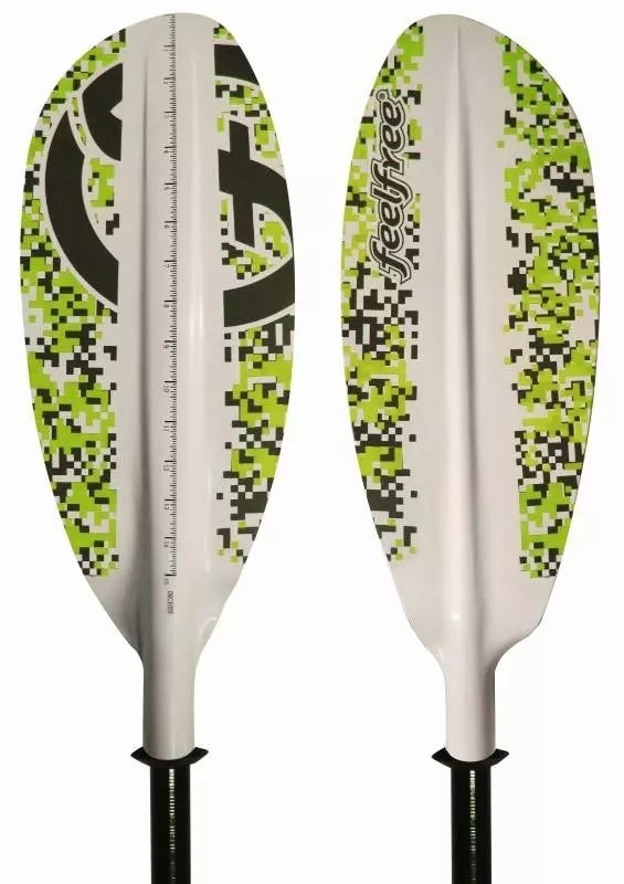 Feelfree Angler Camo Paddle, a kayak paddle featuring a camouflage design, optimized for fishing with a hook retrieval notch or ruler.