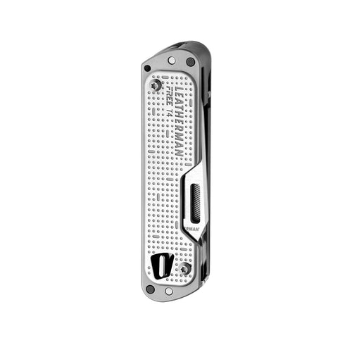 Leatherman FREE T4 multi-tool, stainless steel, open view on white