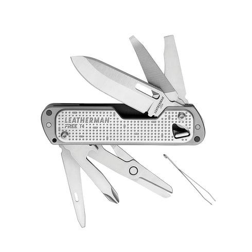 Leatherman FREE T4 multi-tool, stainless steel, product shot on white