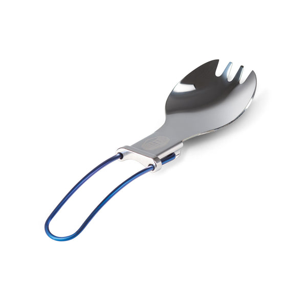 GSI Outdoors Glacier Folding Spork with Blue handle, stainless steel, open