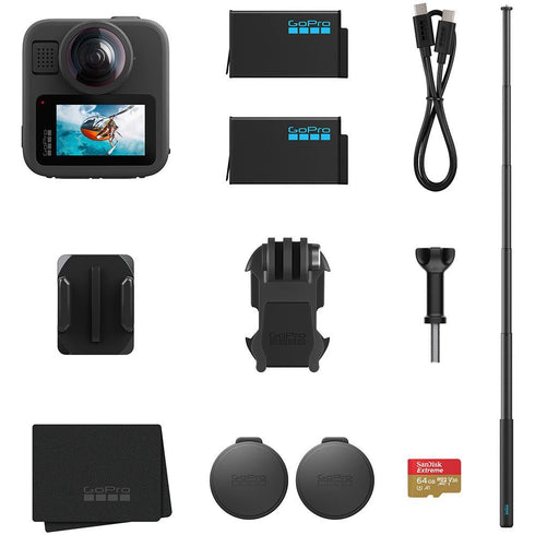 GoPro MAX 2 360 Action Camera Bundle with tripod grip, SD card, and protective case