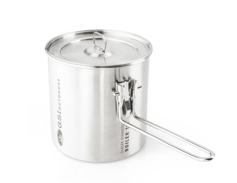 GSI Outdoors Glacier Stainless 1.1 L Boiler, Backpacking Pot that Nests a Gas Canister and Stove, Stainless Steel