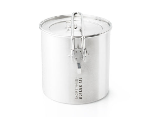 GSI Outdoors Glacier Stainless 1.1 L Boiler, Backpacking Pot that Nests a Gas Canister and Stove, Stainless Steel