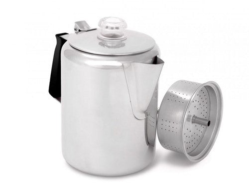 GSI Outdoors Glacier Stainless Percolator (9 Cup), a classic, durable stainless steel coffee maker for serving groups at camp.