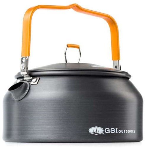 GSI Outdoors Halulite Tea Kettle (1L), a durable, lightweight anodized aluminum kettle for hot beverages while camping.