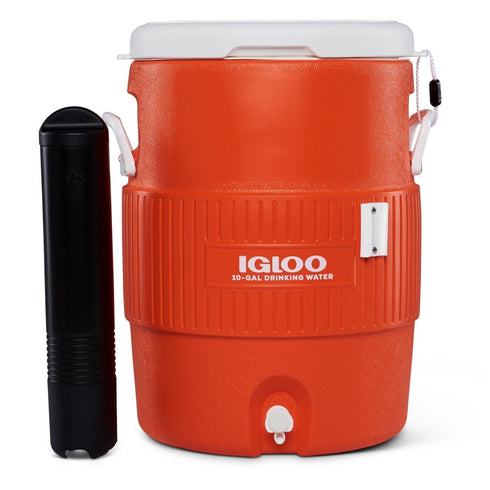 Igloo 10 Gallon Seat Top Water Jug with Cup Dispenser Orange, Insulated 38 L Drinks Cooler with Push-Button Spigot