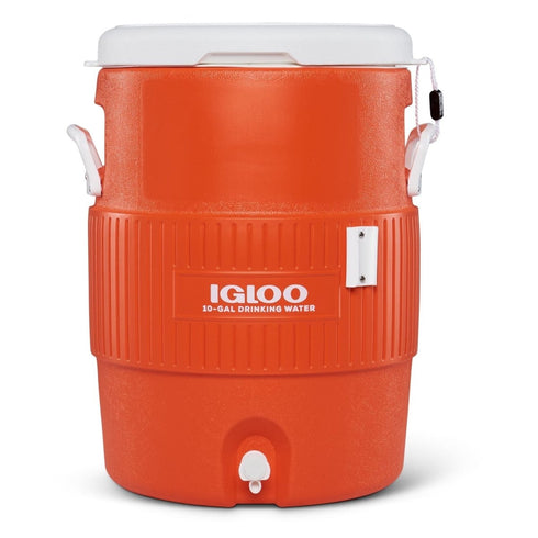 Igloo 10 Gallon Seat Top Water Jug with Cup Dispenser Orange, Insulated 38 L Drinks Cooler with Push-Button Spigot