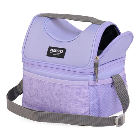 Igloo Kids Everyday Lunch Gripper 9 Can Cooler Bag Lilac, Dual Compartment Insulated Lunch Bag with Strap