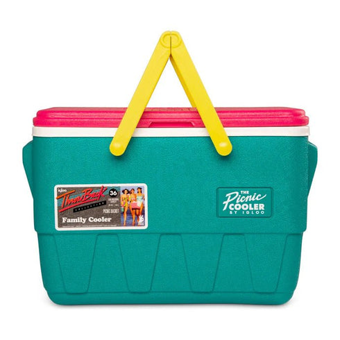 Igloo - Retro Jade 25 Qt Lunch Picnic Basket Cooler Dark Jade Bold Magenta Livewire Yellow Disc