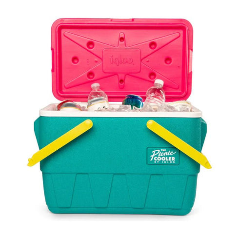 Igloo - Retro Jade 25 Qt Lunch Picnic Basket Cooler Dark Jade Bold Magenta Livewire Yellow Disc