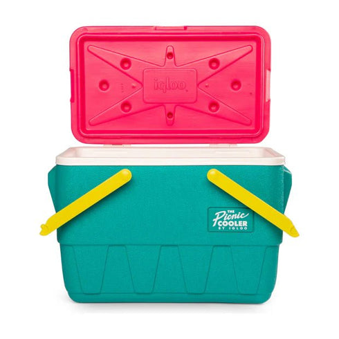 Igloo - Retro Jade 25 Qt Lunch Picnic Basket Cooler Dark Jade Bold Magenta Livewire Yellow Disc