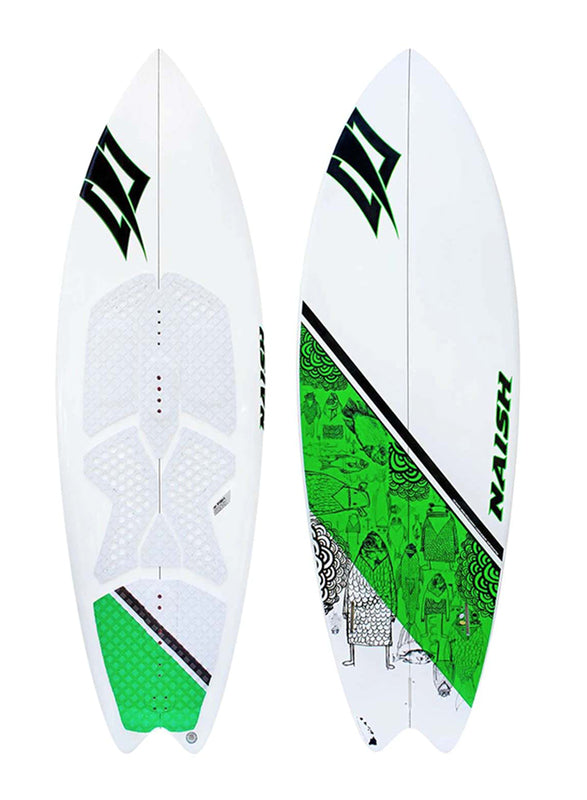 Naish Fish 2014 surfboard, a classic, short, wide fish design used for fun, speed, and easy maneuverability in small waves.