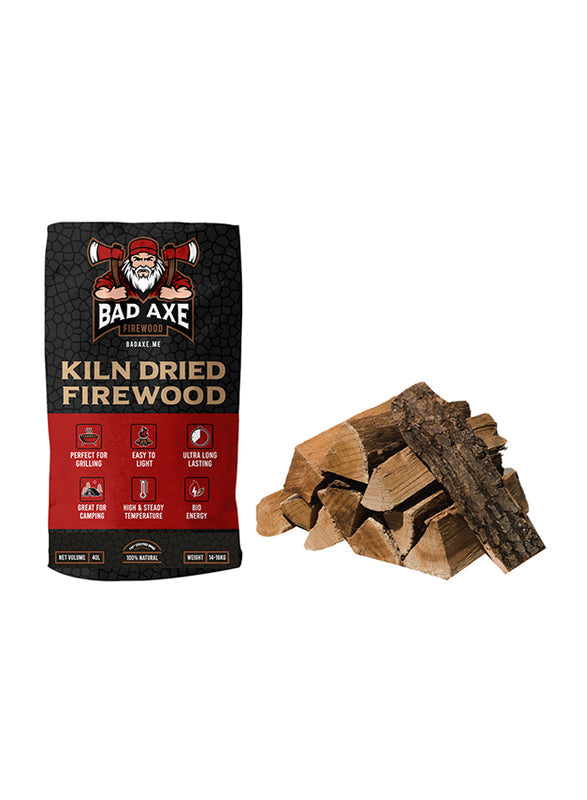 Bad Axe 40L (Approx 15kg) Oak Firewood Sack - High Energy Density, Long Burn Time - Premium Hardwood for Fireplaces and Firepits