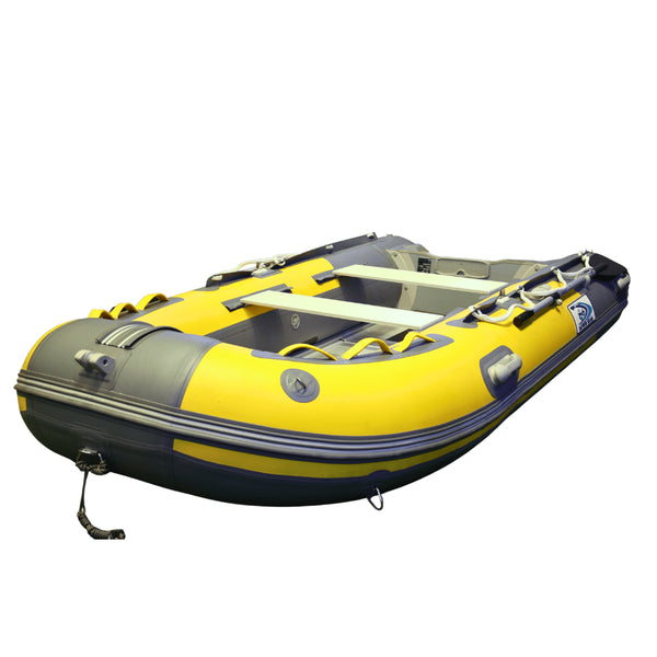 Inflatable Boat with Aluminum Floor, 0.9mm–1.2mm Reinforced PVC Construction, Stable Motor-Ready Dinghy for Fishing, Touring, and Water Sports