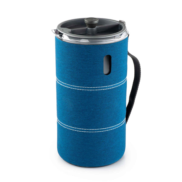 GSI Outdoors 50 fl oz JavaPress+ French press with blue sleeve, front view