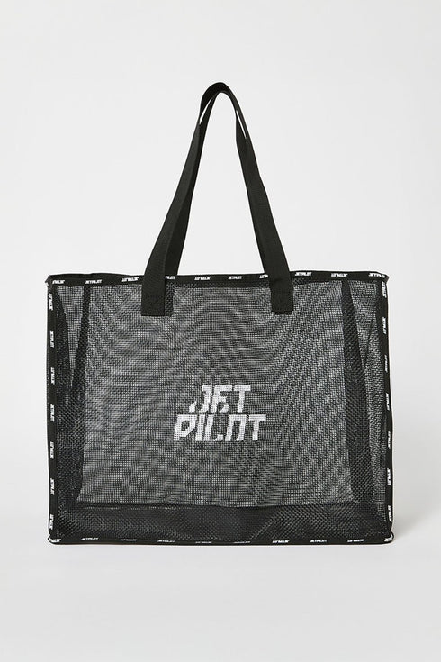 Jetpilot Venture Mesh Tote Black, 38L Polyester Mesh Beach and Boat Bag with Webbing Handles