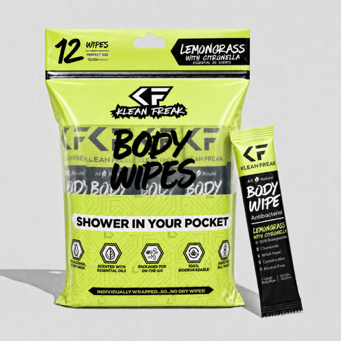 Klean Freak Body Wipes 12 Pack, XL Biodegradable No-Rinse Shower Wipes for Camping, Gym and Travel