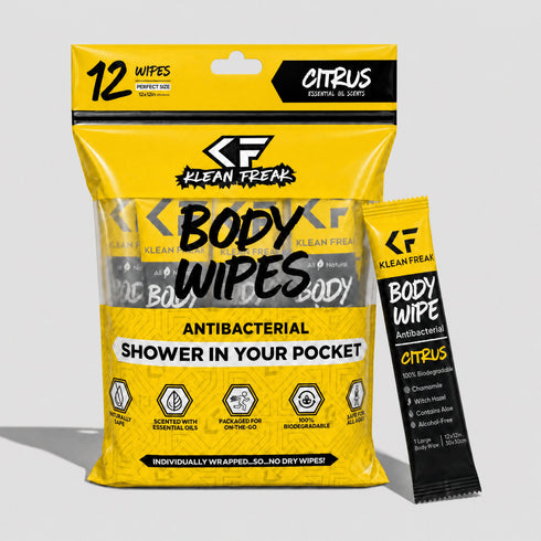 Klean Freak Body Wipes 12 Pack, XL Biodegradable No-Rinse Shower Wipes for Camping, Gym and Travel