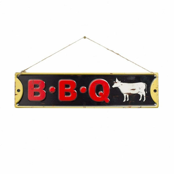 La Hacienda BBQ Wall Sign, Embossed Metal Hanging Sign for Garden, Grill Area, Garage and Outdoor Kitchen