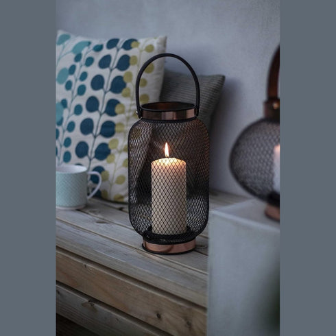 La Hacienda Zora Lantern Large, Black Mesh and Rose Gold Candle Lantern for Patio, Garden and Indoor Use