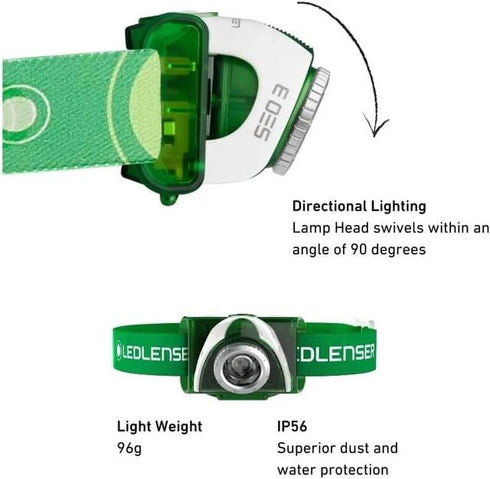 Ledlenser SEO3 Lightweight Head Lamp - Minimalist Design for Comfortable Hands - Free Use