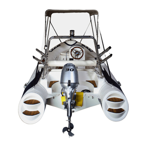 Luxury RIB Boat with Teak Floor and Fiberglass Hull, Console, Sunshade and Stainless Steel Roll Bar