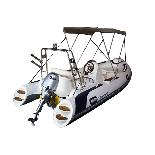 Luxury RIB Boat with Teak Floor and Fiberglass Hull, Console, Sunshade and Stainless Steel Roll Bar