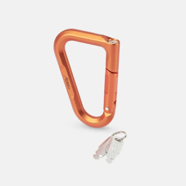 Matador BetaLock Security Clip, a compact, secure carabiner and keychain organizer with a locking mechanism for travel.