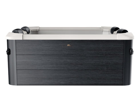 MSpa Oslo Aero Plus square hot tub, black, front view with headrests on white