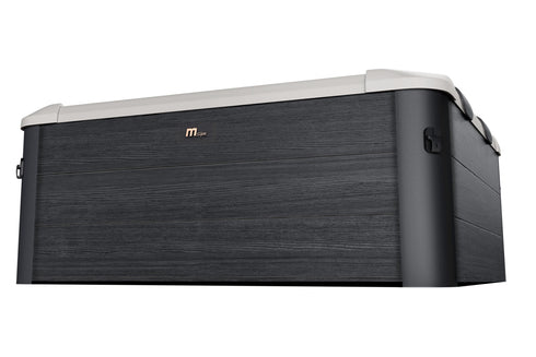 MSpa Oslo Aero Plus square hot tub, black wood-effect frame, side view on white