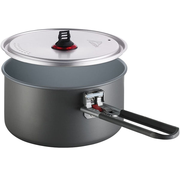 MSR Ceramic Solo Cooking Pot, a durable, non-stick aluminum pot designed for preparing solo meals while camping.