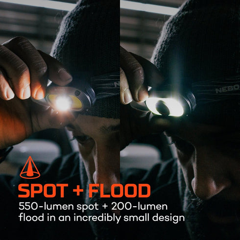 NEBO Mycro 550 Rechargeable Headlamp, 550 Lumen USB-C Spot and COB Flood Head Torch and Cap Light