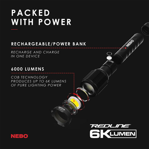 NEBO Redline 6000 Lumen High Power Flashlight with USB - Tactical & Long - Range Illumination