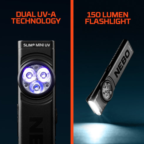 NEBO Slim Mini UV Pocket Light, 2-in-1 USB-C Rechargeable UV Black Light and 150 Lumen White Light