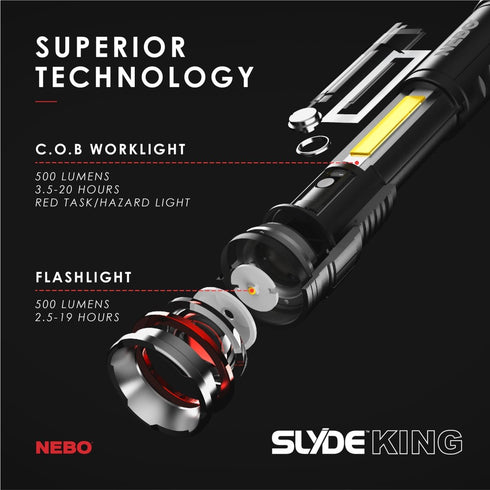 NEBO Slyde King 500 Lumen Rechargeable Flashlight - Extendable & Bright Torch for Emergencies