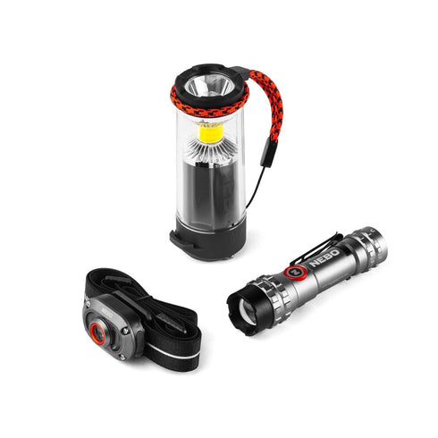 NEBO Triple Light Kit, Mycro 250 Headlamp, Galileo Tempest 350 Lantern and Torchy 600 Flashlight Set