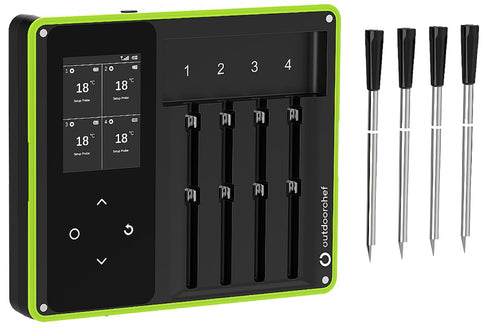 Outdoorchef Easy Check Wireless BBQ Thermometer Quadro, 4 Bluetooth Probes with 200 m Range and Dock