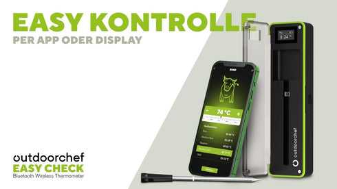 Outdoorchef Easy Check Wireless BBQ Thermometer Single, 1 Bluetooth Probe with 200 m Range and Dock